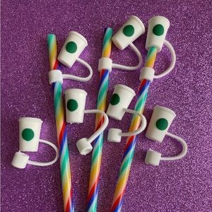 Starbucks Candy 🍭 Stripe Reusable Straws W/ matching Straw Toppers **SET OF 5**